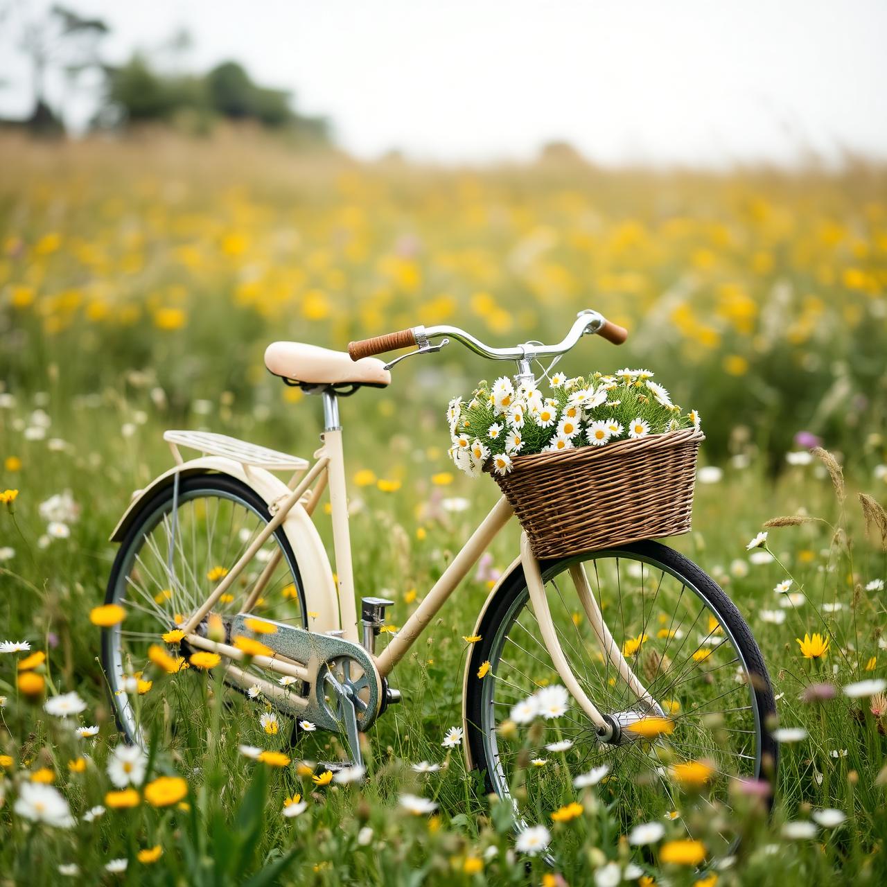 Cream bicycle in a meadow